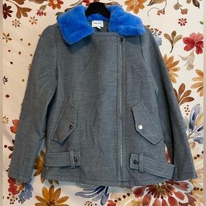 NWT Nine West Womens XS Blue Grey Faux Fur Collar NYC Preppy City Moto Jacket
